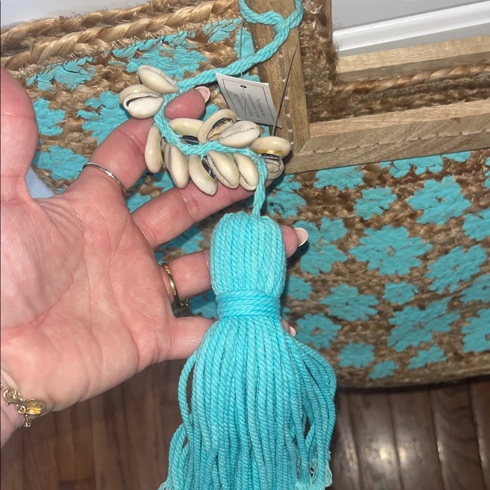 Jute Woven Tote Bag with seashell charm Tassel